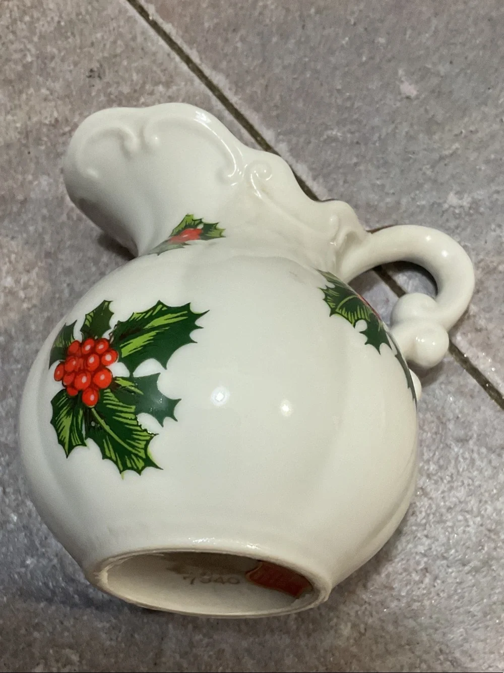 Lefton White Ceramic Pitcher & Saucer with Red Holly Berries and Green Leaves